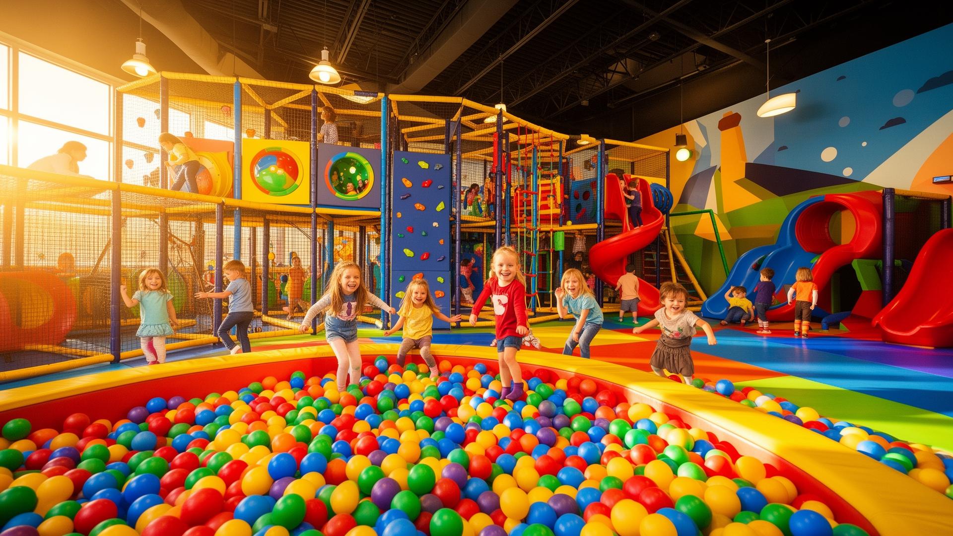 Happy kids playing in a colorful indoor playground